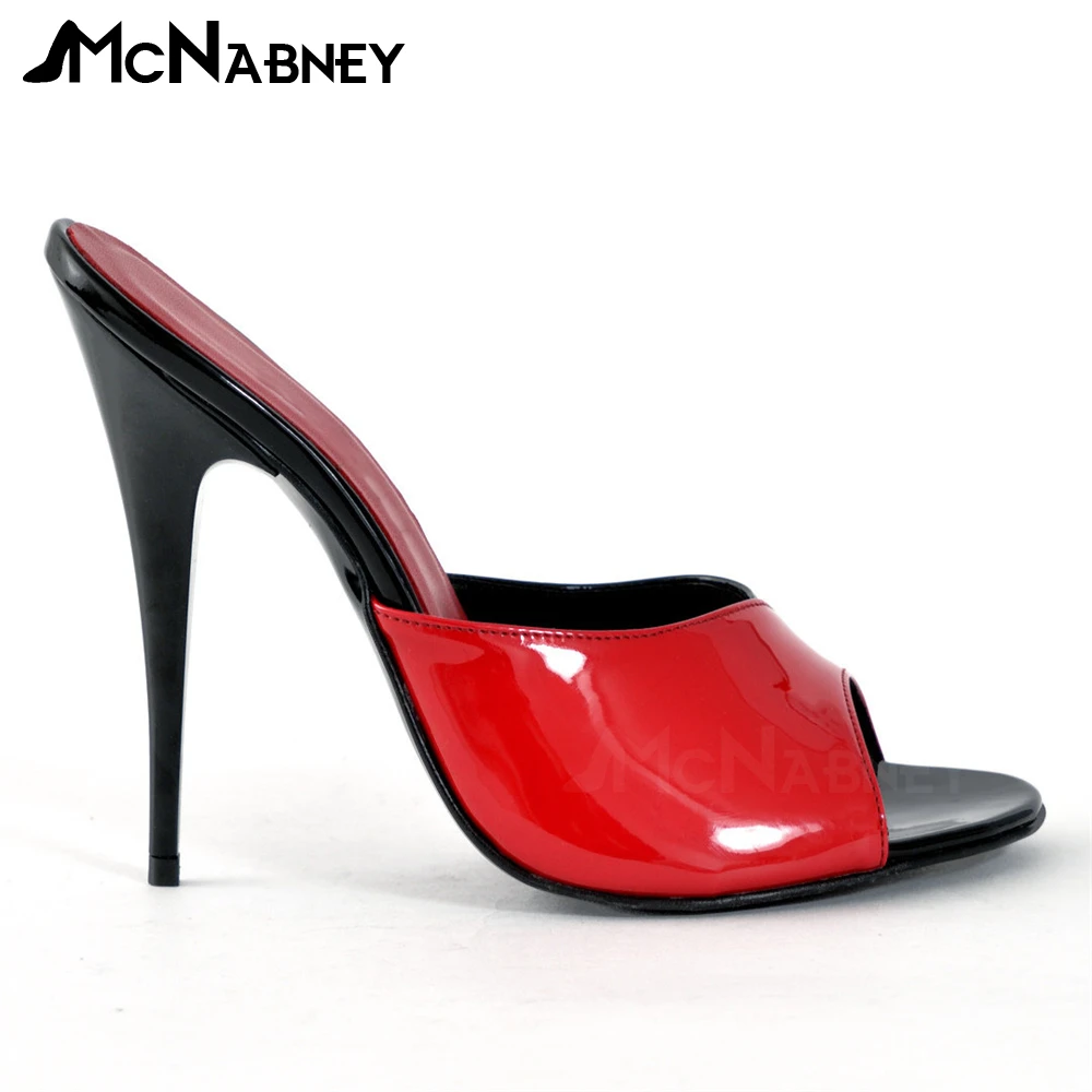 

Black Red High-Heeled Mules Peep Toe Patent Leather Stiletto Sandals Sexy Summer Slippers Custom Color Large Size for Women Men