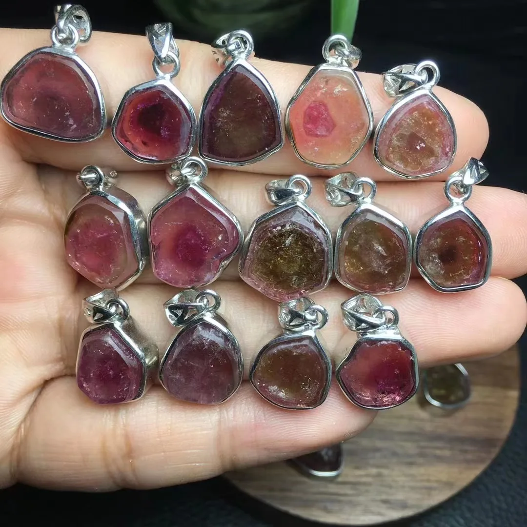 

925 Silver With Hot Sale Natural Watermelon Tourmaline Crystal Healing Random Shape Pendant Special Jewelry Gift