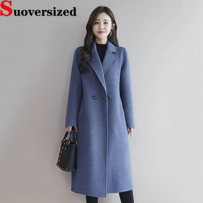 

Korean Slim Thicken Woolen Coats Winter Warm Long Quilted Jacket Fashion Double Breasted Abrigos Women New Wool Blend Overcoat