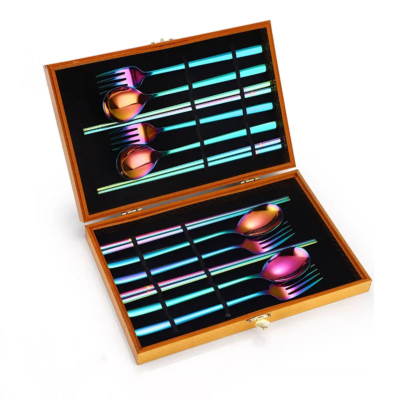 New Stainless Steel Tableware Chinese Fork Spoon and Chopsticks Set Golden Wooden Box Luxury Cutlery 12 Piece Sets Golden Spoons
New Stainless Steel Tableware Chinese Fork Spoon and Chopsticks Set Golden Wooden Box Luxury Cutlery 12 Piece Sets Golden Spoons