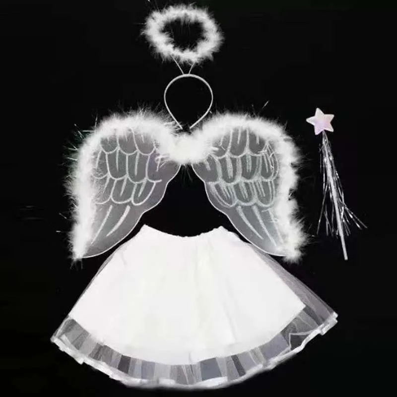 

White Girls Butterfly Angel Costume Fairy Birthday Party Wings Magic Wand Sticks Headband Dress Up for Halloween Christmas