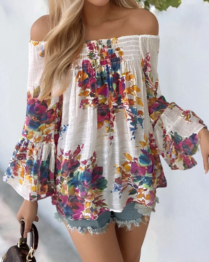 

Women's Blouse Tops Fashion Vintage Boho Summer Floral Paisley Print Shirred Off the Shoulder Ruffles Three Quarters Sleeve Top