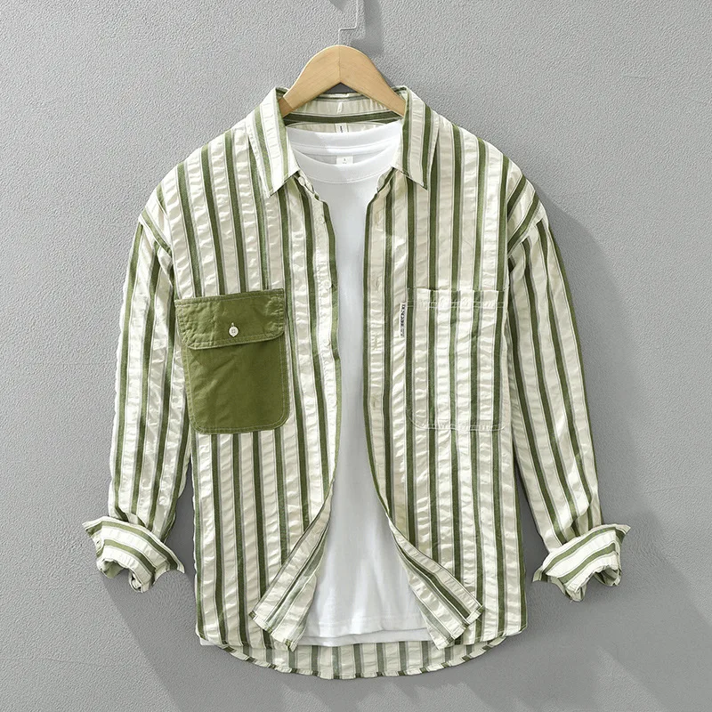

Green Vertical Striped Shirts for Men 2024 Spring Fashion Long Sleeve Blouse for Youth Male Handsome Cool Casual Loose Tops