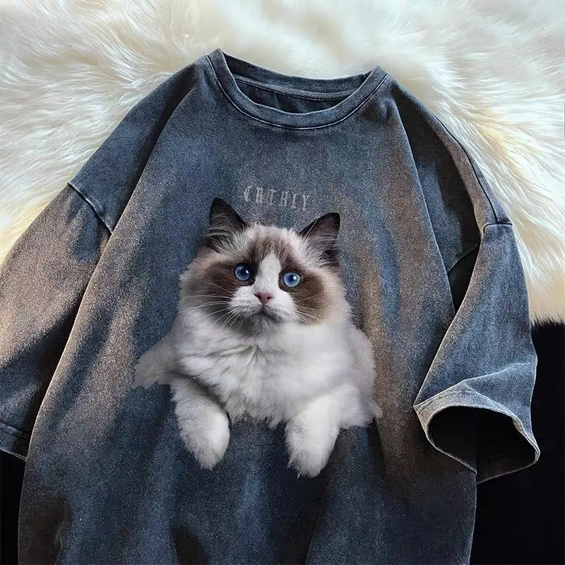 Washed distressed short sleeved cat T-shirt men loose large size clothes American retro casual versatile heavyweight half sleeve
Washed distressed short sleeved cat T-shirt men loose large size clothes American retro casual versatile heavyweight half sleeve