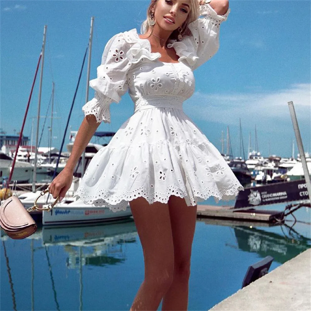 White Women Hollow Out Party Dresses Elegant Ruffles Loose Sexy Square Collar Lace Patchwork Casual Mini Dress Summer Vestidos
White Women Hollow Out Party Dresses Elegant Ruffles Loose Sexy Square Collar Lace Patchwork Casual Mini Dress Summer Vestidos
