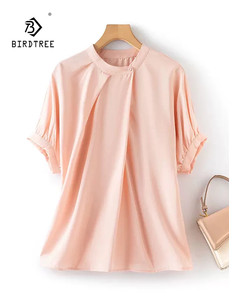 

BirdTree, 70%Real Silk Elegant Shirt, Women Short Sleeve O Neck, Fold Loose Commute Simplicity Blouse, 2024 Summer New T45406QC