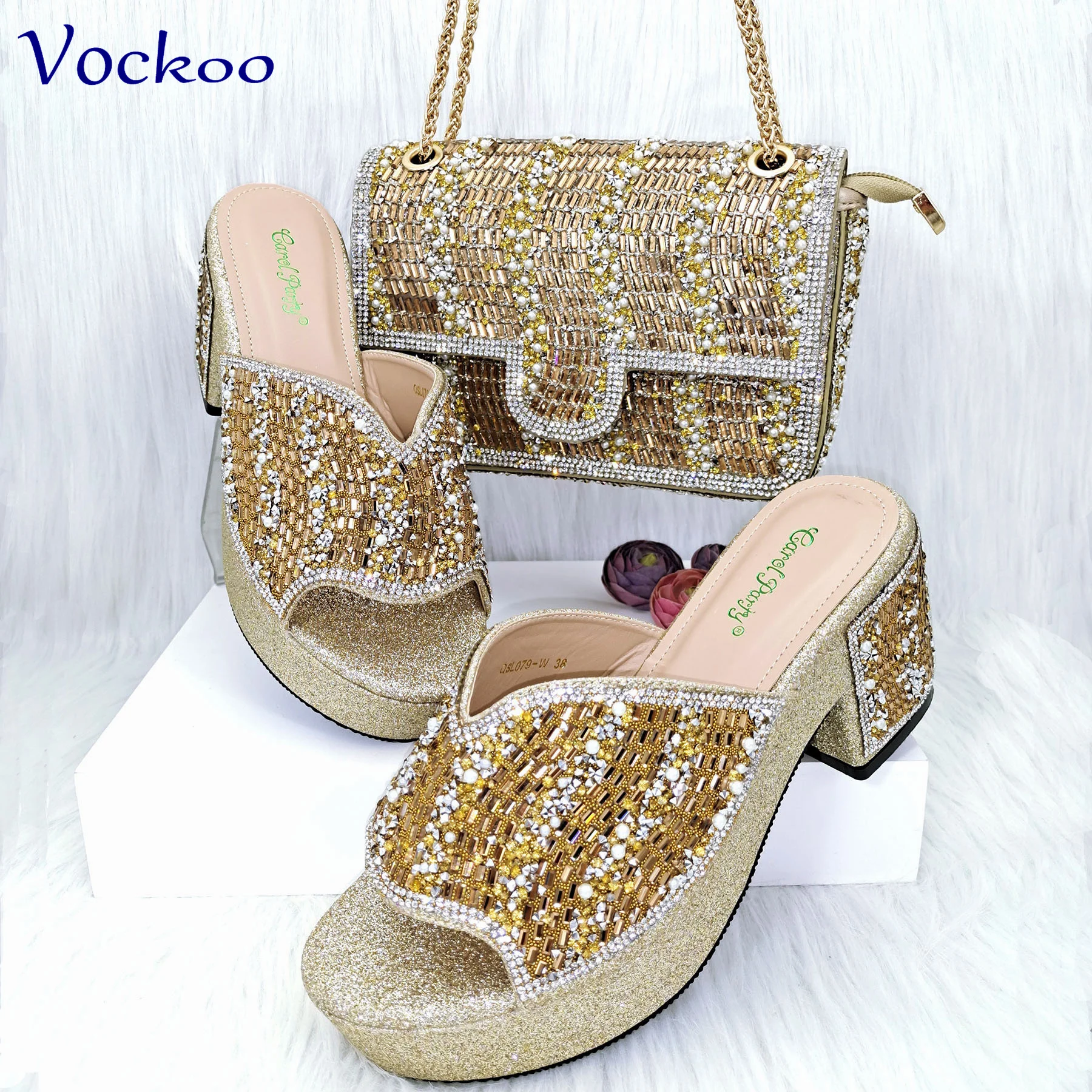 

Newest Mature Style Italian Women Shoes and Bag Set in Gold Color with Shinning Crystal Nigerian Girls Shoes for Dress