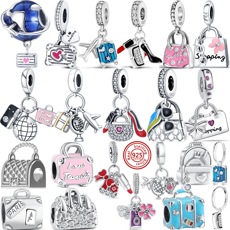 

New 925 Sterling Silver Suitcase Shopping Bag Sweet Girl Love Travel Beads Fit Original Pandora Charms Bracelet DIY Fine Jewelry