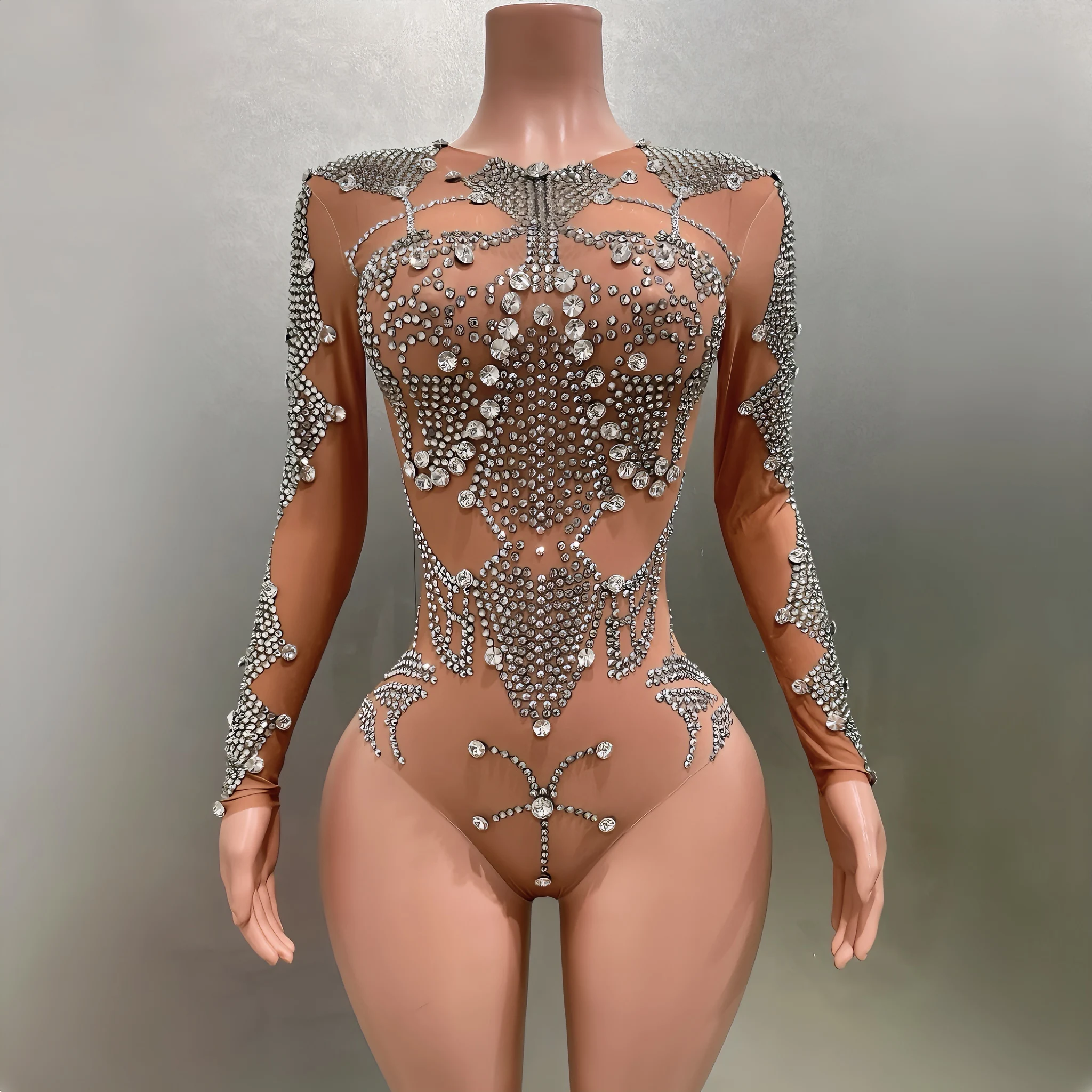 

Flashing Diamonds Khaki Long Sleeve Sexy Bodysuit Evening Party Performance Costume Bar Nightclub Singer Dancer Stage Wear