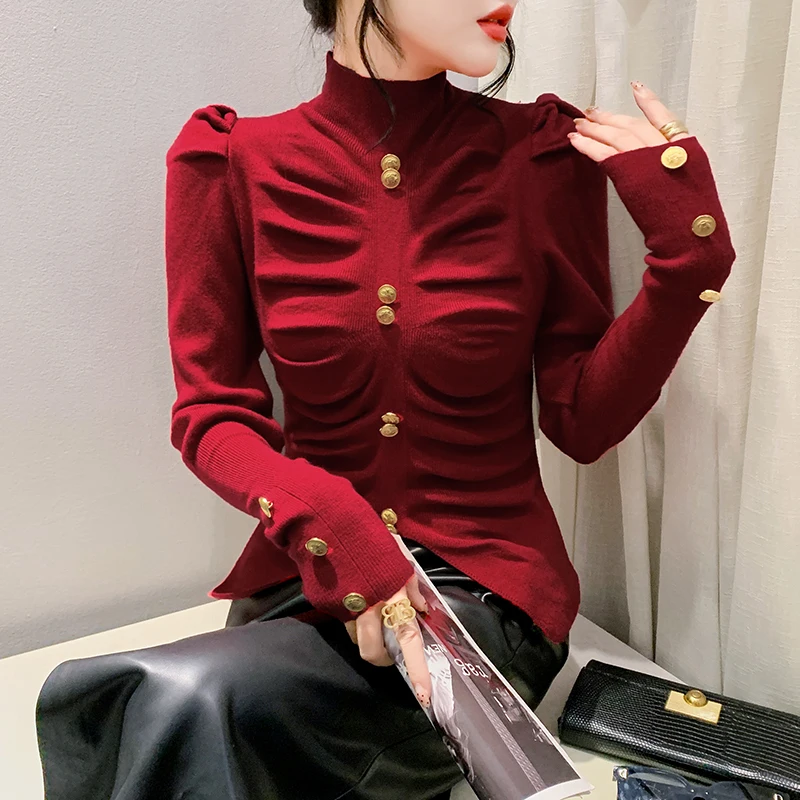 Elegant Puff Sleeve Buttons Folds Sweaters Womens Clothing Autumn Winter Split Knitted Korean Pullovers Irregular Tops Jumper
Elegant Puff Sleeve Buttons Folds Sweaters Womens Clothing Autumn Winter Split Knitted Korean Pullovers Irregular Tops Jumper
