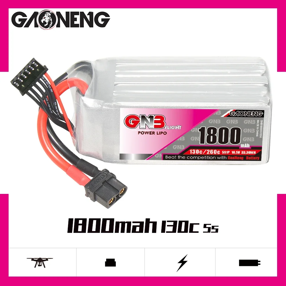 GAONENG GNB 1800mAh 5S 130C 260C 18.5V XT60 LiPo Battery Racing Pilot FPV Airplane Quads QuadCopter HeliCopter
GAONENG GNB 1800mAh 5S 130C 260C 18.5V XT60 LiPo Battery Racing Pilot FPV Airplane Quads QuadCopter HeliCopter
