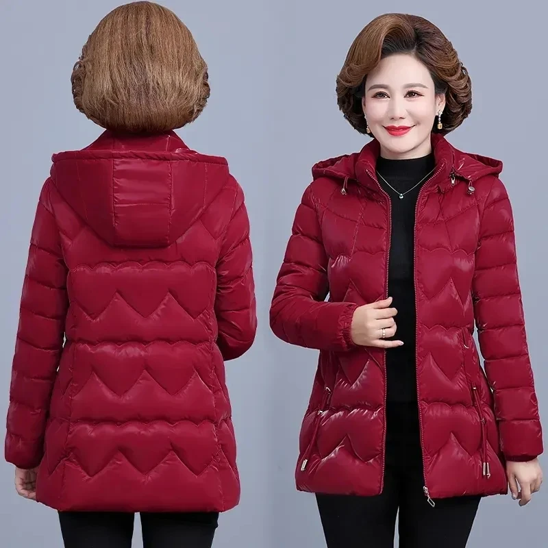 

Winter Hooded Jacket Middle Aged Mother Fashion Glossy Down Cotton Parkas NEW Thicken Warm Puffer Coat Women Padded Outwear 5XL