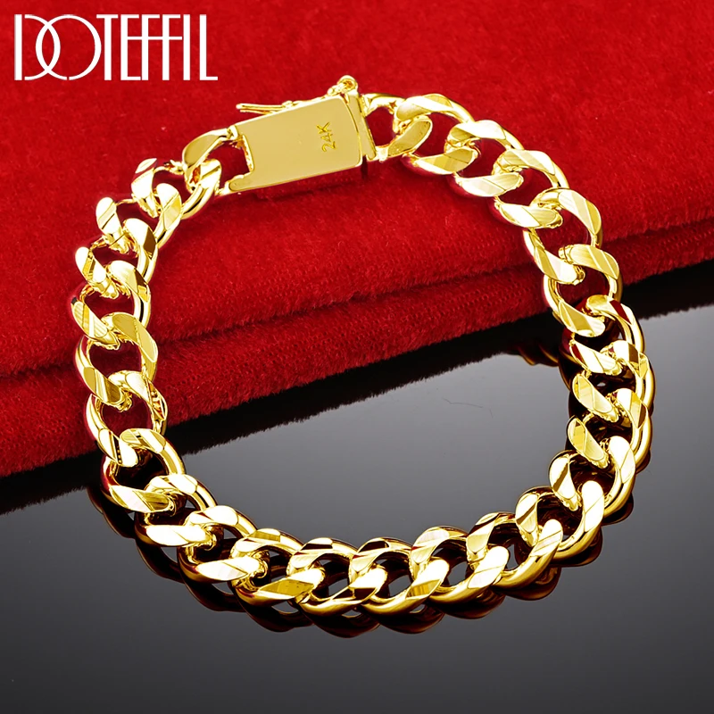 

DOTEFFIL 24K Gold Sideways 10mm Chain Square Buckle Bracelet For Man Women Wedding Engagement Party Jewelry