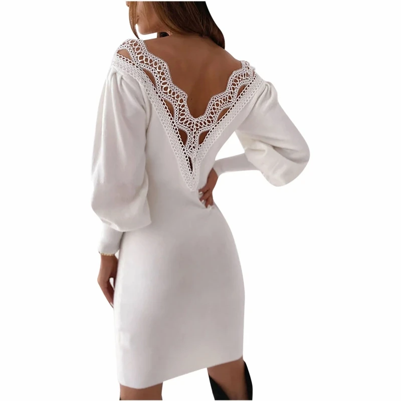 

Women's Sexy Solid Lace V-Neck Backless Long-Sleeved Sheath Tight Mini Dress Cocktail Wedding Wrap