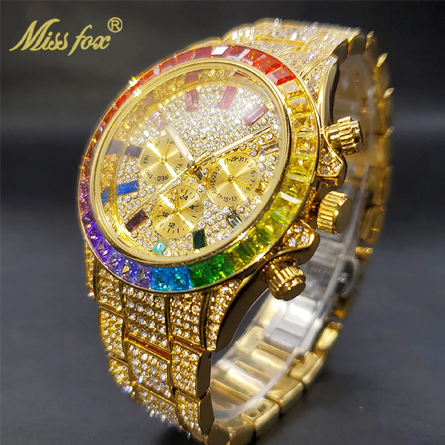 Gold Men Watch With Rainbow Moissanite Bezel Hot Chronograph Three Dial Waterproof Watches For Male Sport Stylish Timepieces
Gold Men Watch With Rainbow Moissanite Bezel Hot Chronograph Three Dial Waterproof Watches For Male Sport Stylish Timepieces