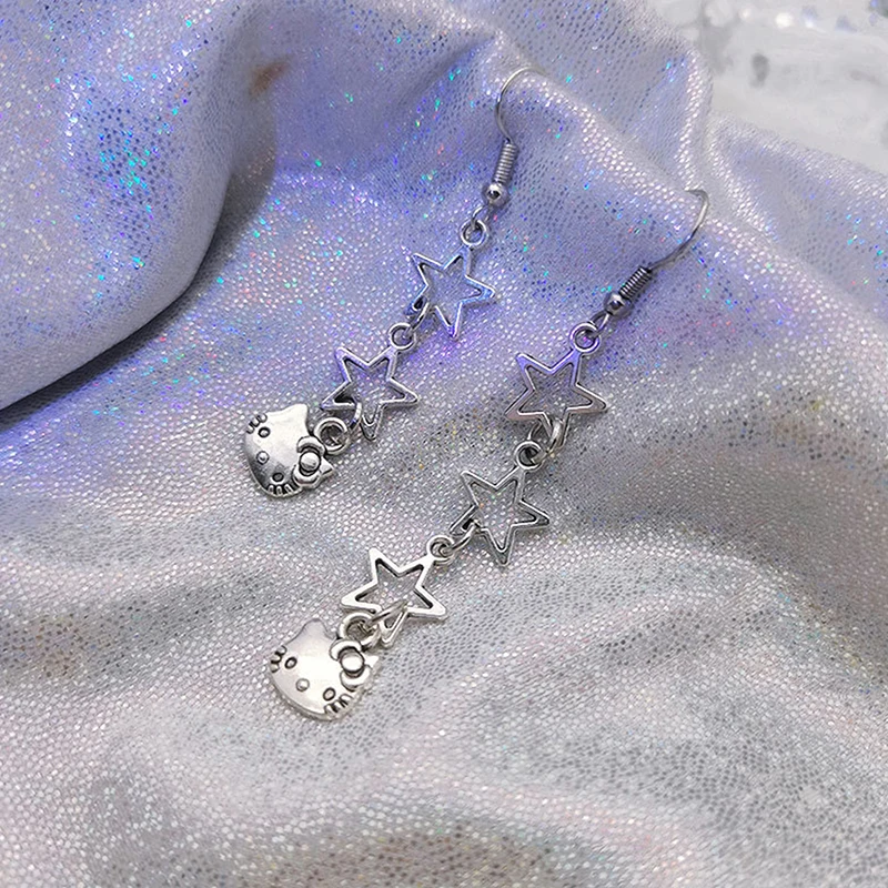 

1Pair Kawaii Cute Cartoon Hello Kitty Star Dangle Earrings Asymmetrical Cat Pendant Hook Earrings For Girl Women Jewelry Gift