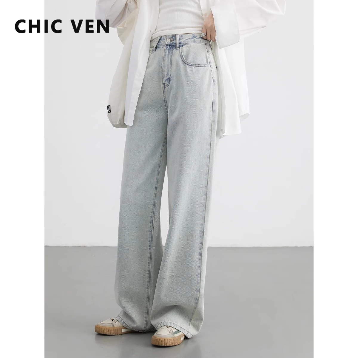 

CHIC VEN Women Jeans Casual New High Waisted Cotton Straight Wide Leg Trousers Female Long Denim Pants Spring Autumn 2024