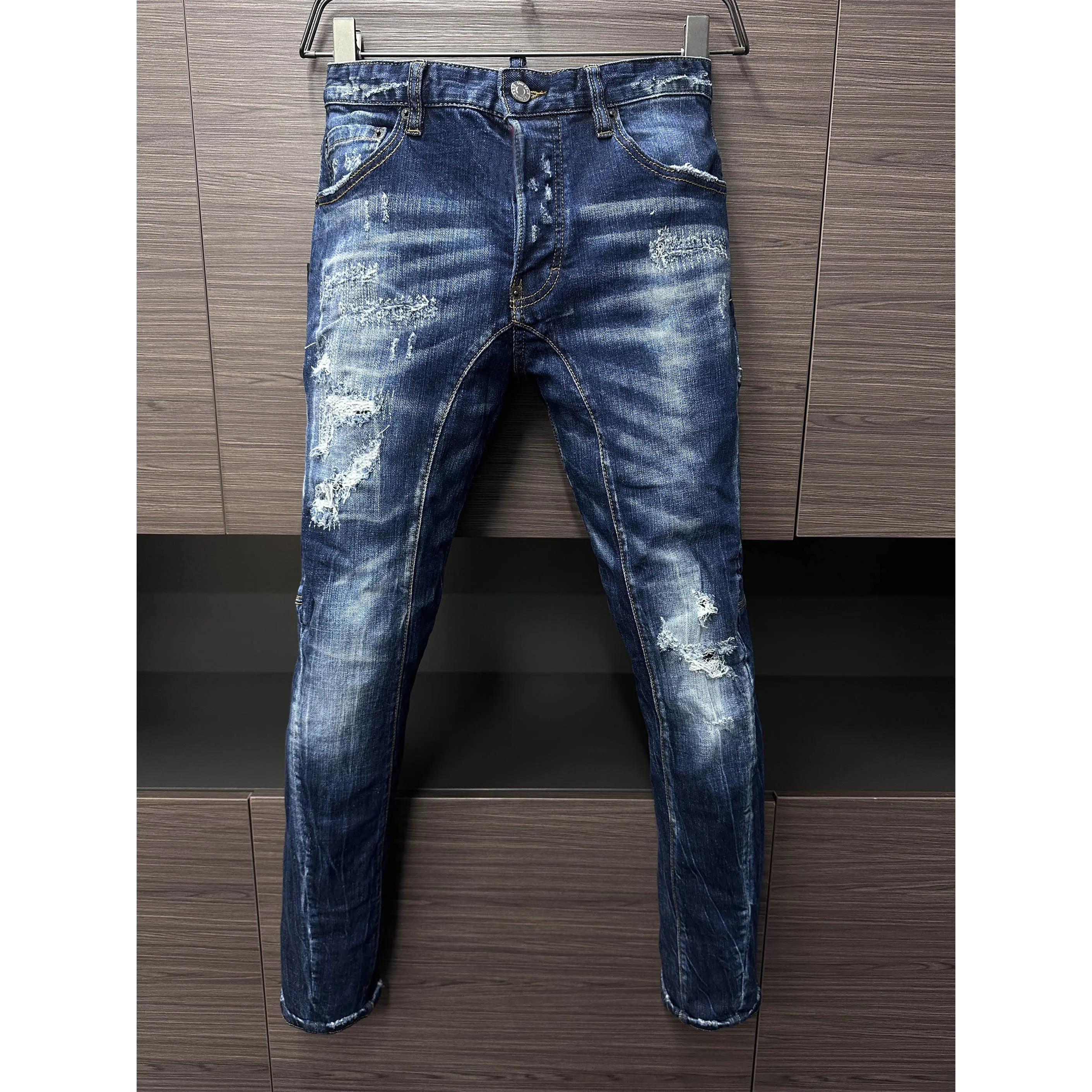 

Men Jeans Denim Pants Hole Slim Pencil Trousers Metal Buttons Zipper Party Clothes Classics Fashionable Biker A613 Size 44-54