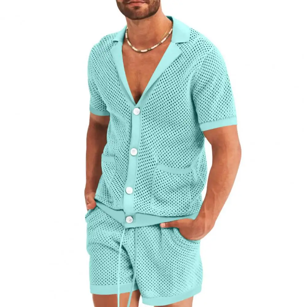 2Pcs/Set Men Outfit Top Shirt Shorts Set Sports Suit Hollow Out Short Sleeves Shorts Shirt Summer Set Male Clothes
2Pcs/Set Men Outfit Top Shirt Shorts Set Sports Suit Hollow Out Short Sleeves Shorts Shirt Summer Set Male Clothes