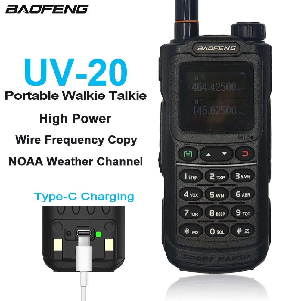 

UV-20 BAOFENG Portable Walkie Talkie BF-UV20 Two Way Radios Real 5W 1800mAh 999 Channels Sport FM Radio NOAA Type-C Charging