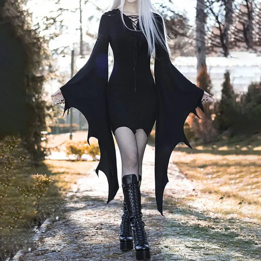 

Halloween Dress Long Batwing Sleeve Dark Style Irregular Cuff Lace Up Sheath Slim Fit Above Knee Length Party Cosplay Costume