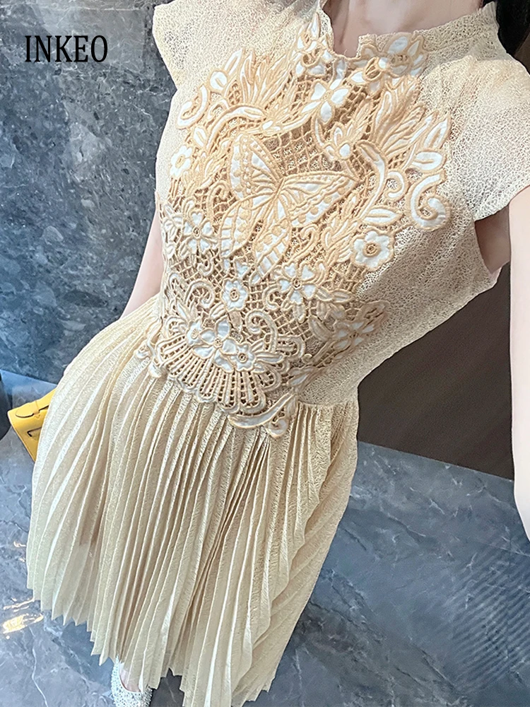 

Высококачественное женское кружевное платье в стиле пэчворк, роскошные плиссированные длинные платья, Элегантное летнее праздничное платье с коротким рукавом 2024, INKEO 4D037