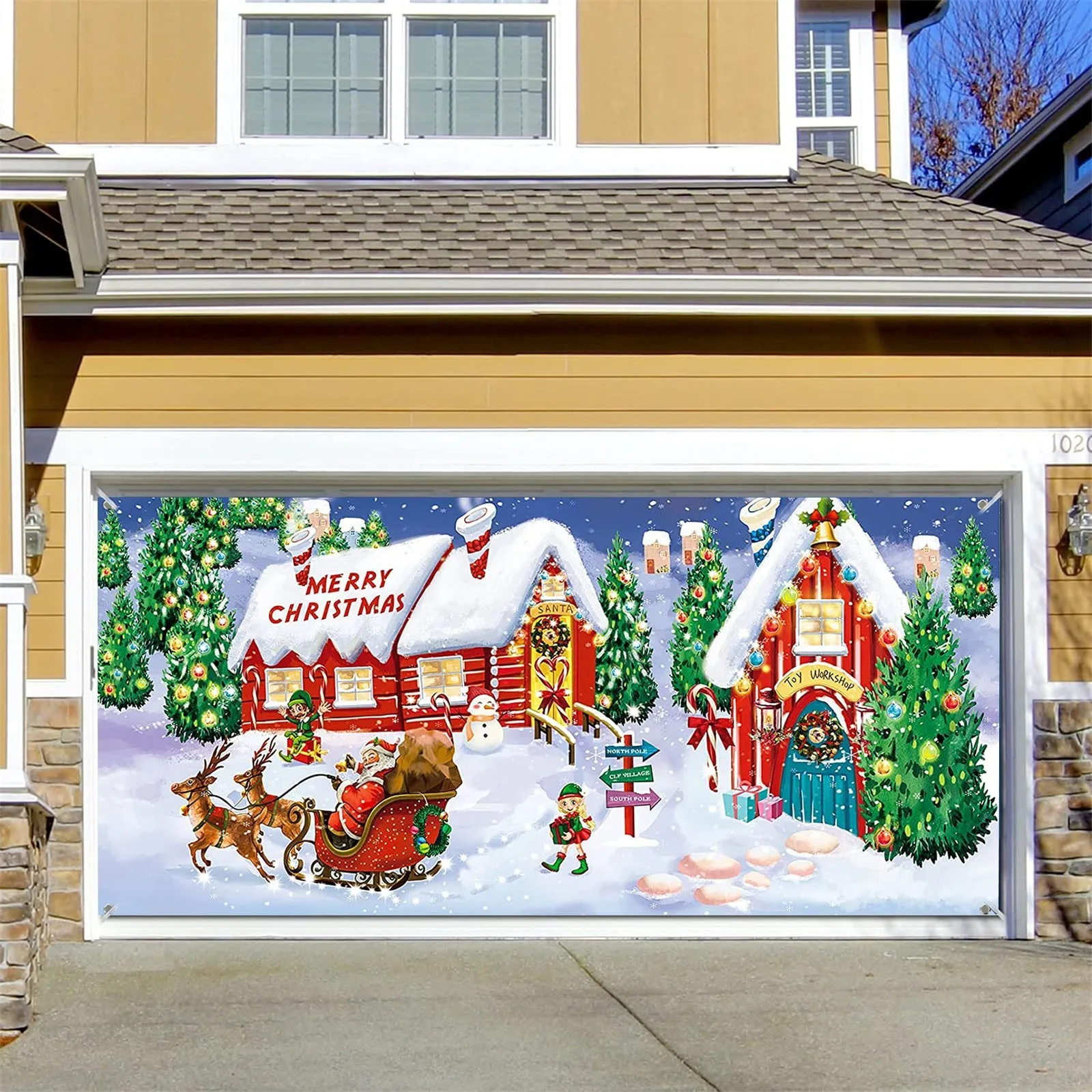 

7x16FT Merry Christmas Holiday Banner Garage Door Cover Mural Winter Snowman Psychic Tapestry Full Wall Tapestry for Bedroom