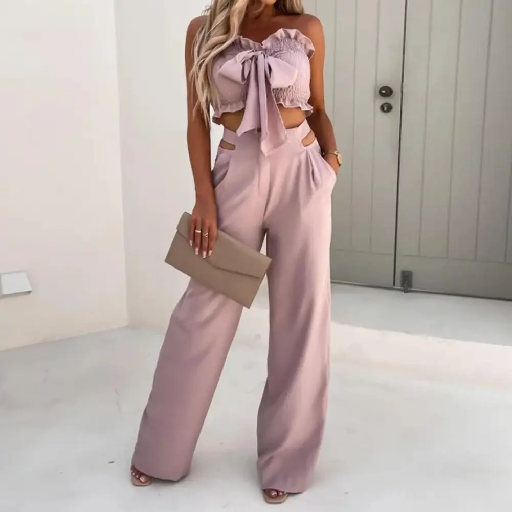 

Summer Tank Top High Waist Pants Suit Women Shirring Bow-knot Decor Off Shoudler Sleeveless Cropped Top Trousers Cocktail Prom