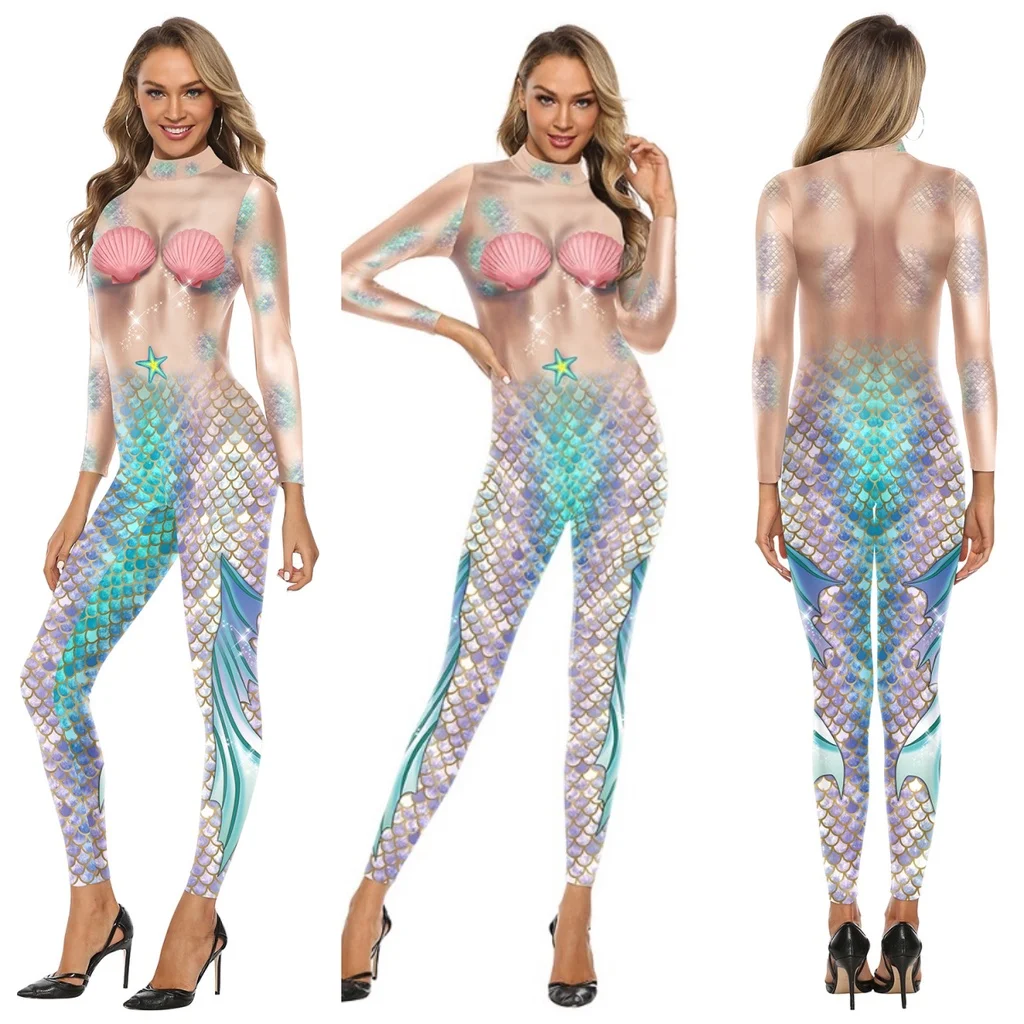 

Женский комбинезон с 3D-принтом в виде рыбьей чешуи и русалки, костюм для косплея на Хэллоуин