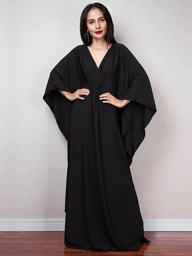 

Dresses Women Summer Beachwear Bathing Robe Soft House Dress 2023 Solid V-neck Batwing Sleeve Plus Size Kaftan Loose Maxi