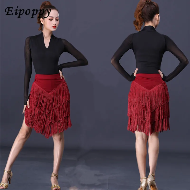 

Womens Latin Dance Skirt Latin Fringed Tassels Skirt Irregular V-Shape Dance Wear Red Blue Green Black Big Size 5XL