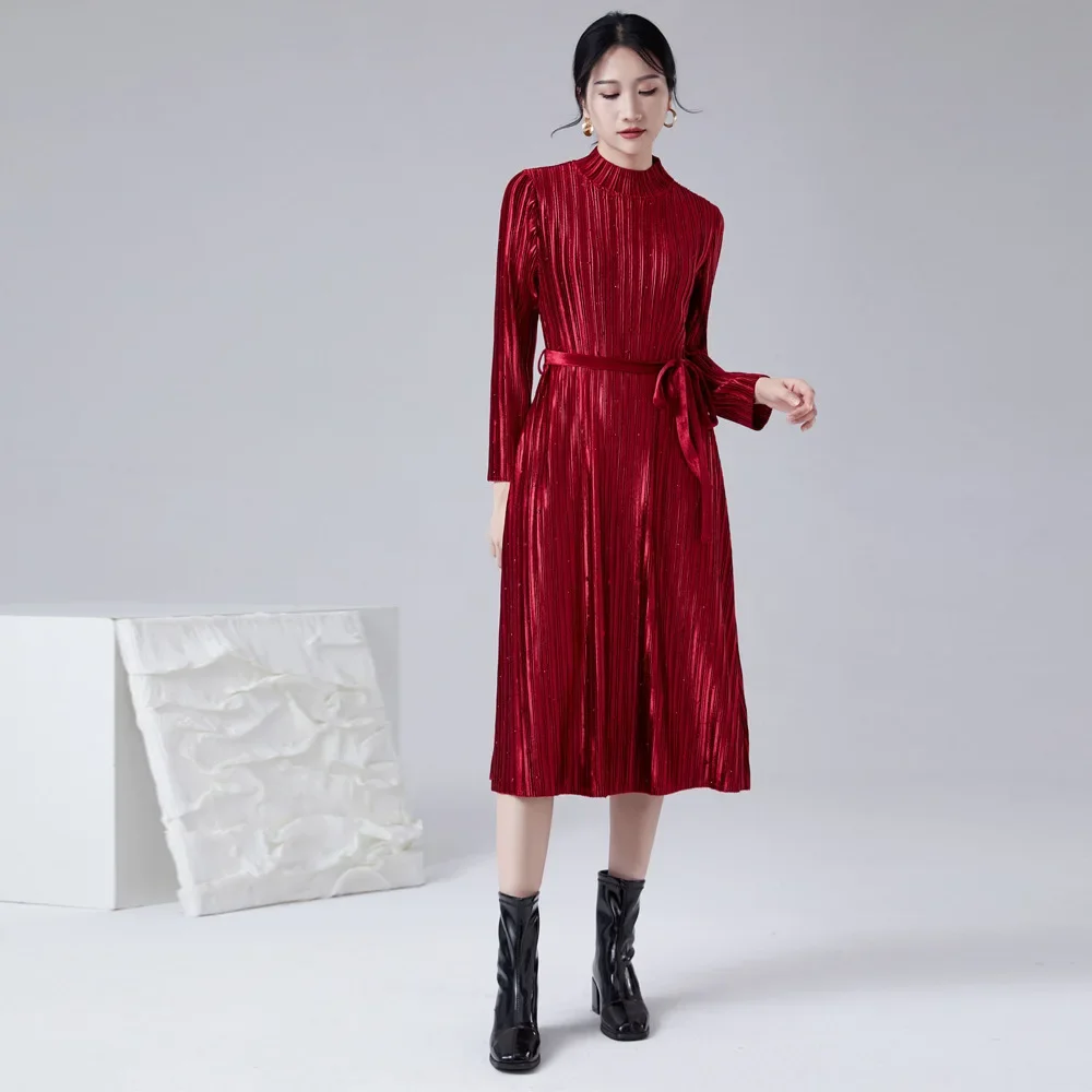 

Miyake Pleated Dress 2023 Fall and Winter Senior Sense of Lacing Thin Plus Size Dress Niche Design Temperament Women Clothing