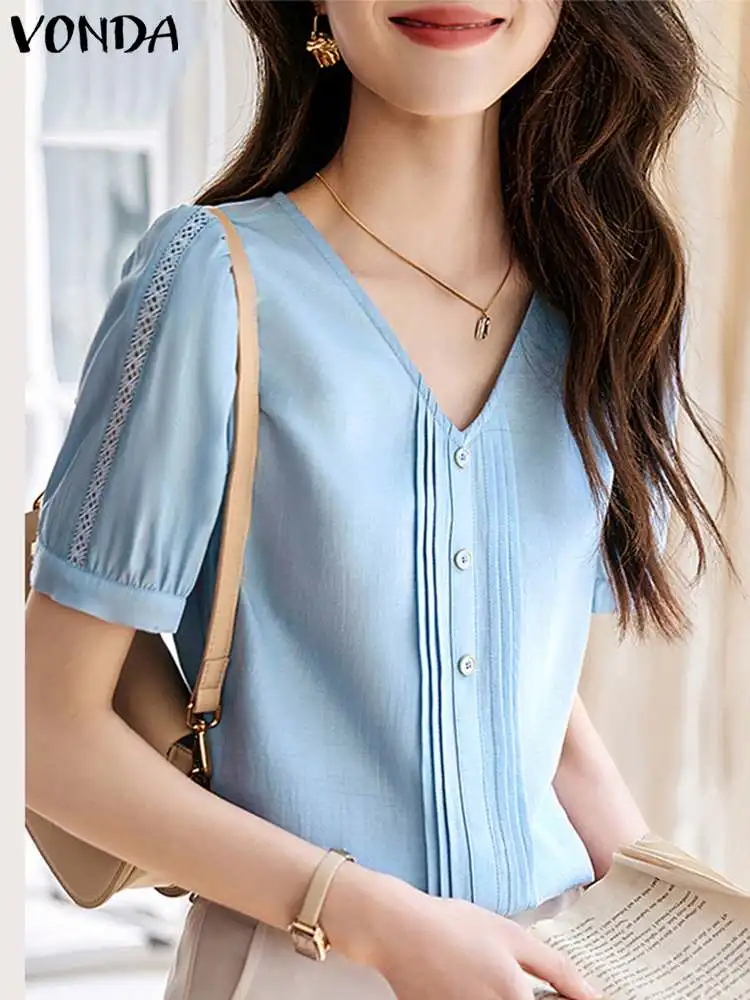 

VONDA Women Fashion Blouses Summer Short Sleeve Shirts 2024 Sexy V-neck Tops Elegant Solid Color Blusas Feminians Casual Tunic