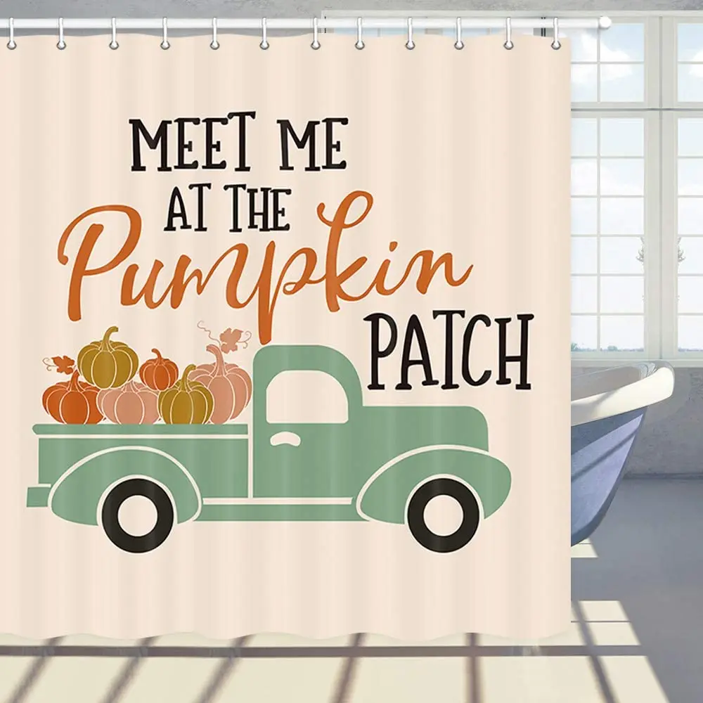 

Thanksgiving Shower Curtain Autumn Cartoon Pumpkin Truck Car Patch Polyester Fabric Bath Bathroom Curtains Set with Hooks