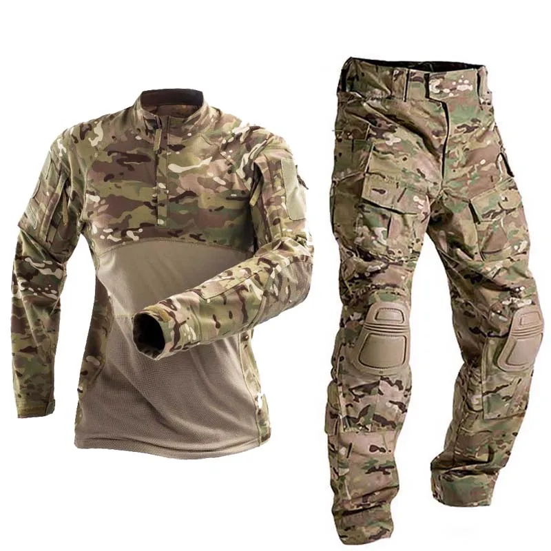 

Outdoor Uniform Tactical Shirts Waterproof Clothing Tops Multicam Camouflage Hunting Suits Pants+ Pads Breathable T-Shirt