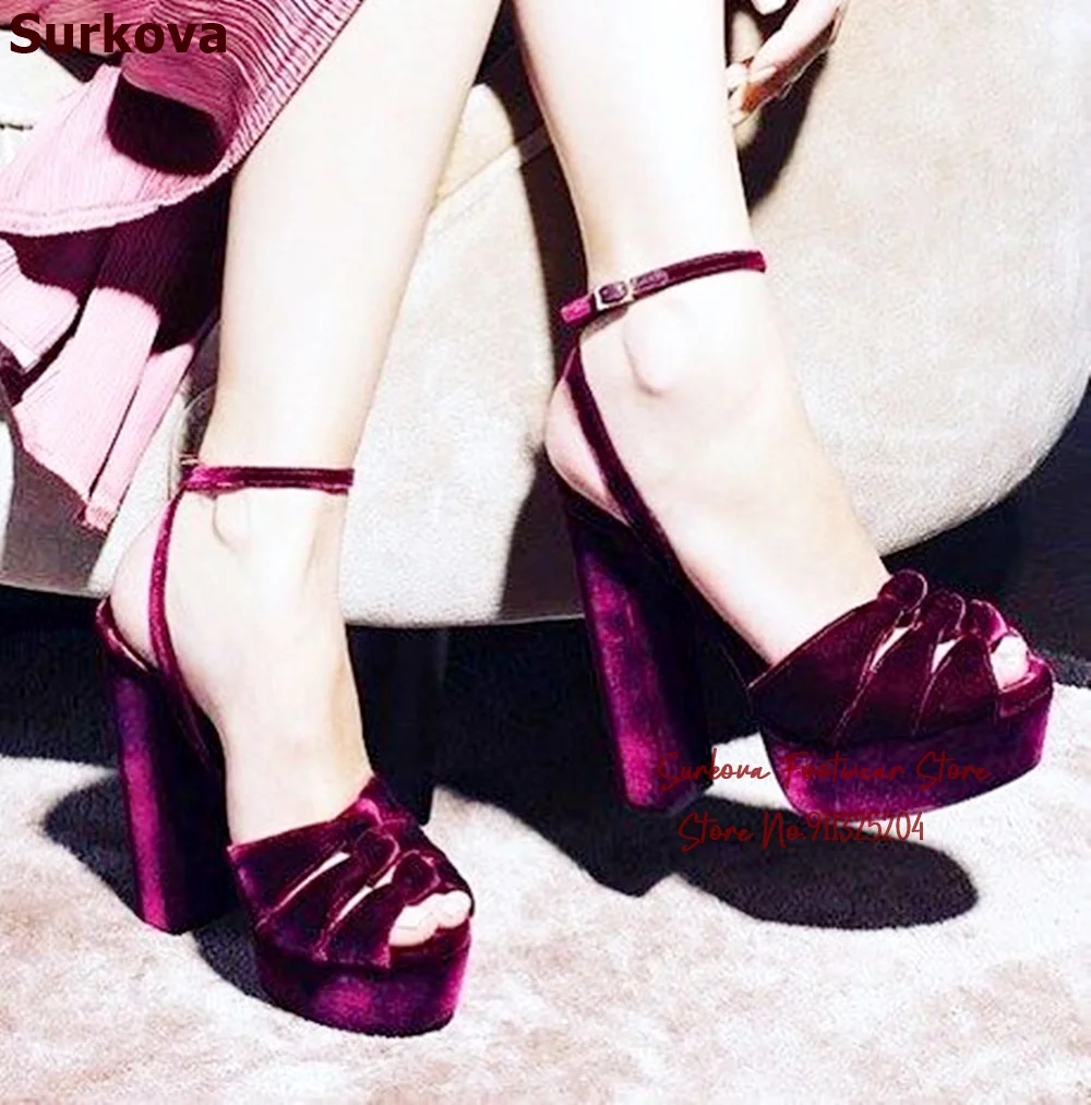 

Surkova Purple Red Velvet Butterfly-knot Sandals Luxury Chunky Heel Platform Wedding Shoes Block Heels Evening Pumps Size46