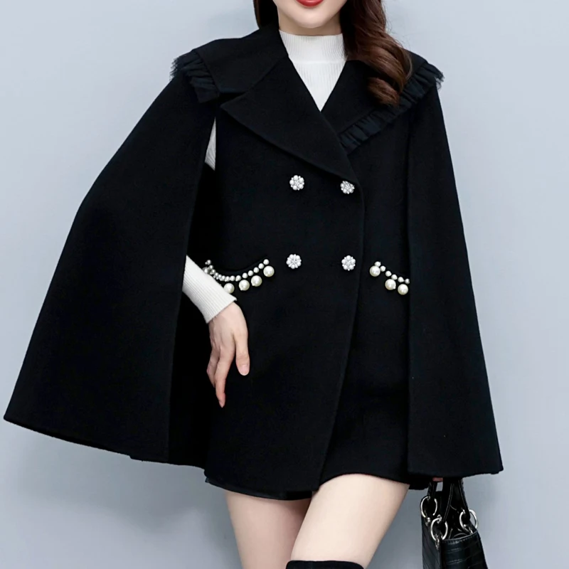 Women's Cloak Poncho Coats Autumn Winter Lapel Overcoat Nail Bead Decorate Cape Woolen Jackets Casual Double Breasted Outerwear
Women's Cloak Poncho Coats Autumn Winter Lapel Overcoat Nail Bead Decorate Cape Woolen Jackets Casual Double Breasted Outerwear