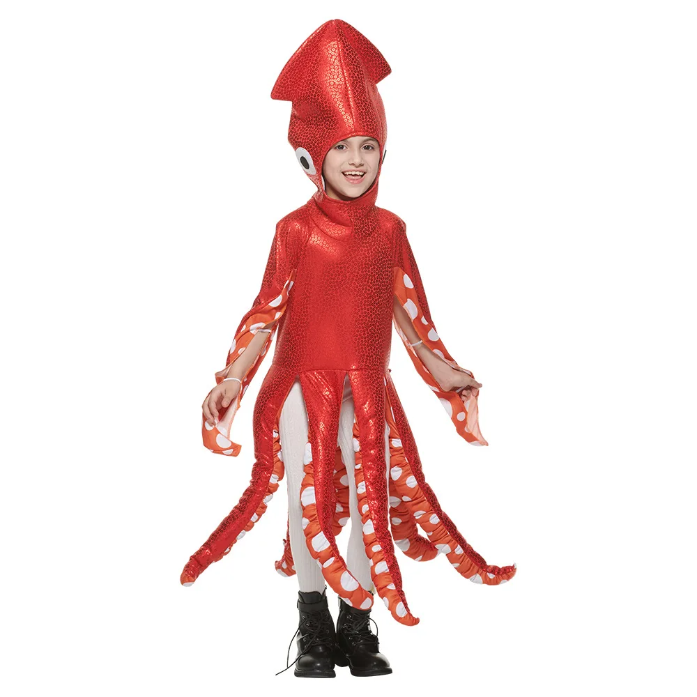 

Красный мультяшный Детский костюм на Хэллоуин, милый мальчик, девочка, дети и взрослый кальмар, цельная деталь, школьная деталь, смешной косплей, модная домашняя одежда