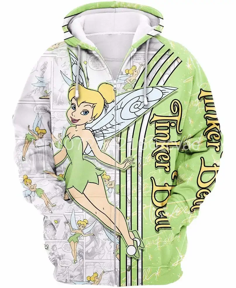 

2024 Disney Tinker Bell Punk Words Pattern 3D Hoodie Men's Women's Tinker Bell Florals 3D Zip Hoodie Fashion Ladies Sweatshirt