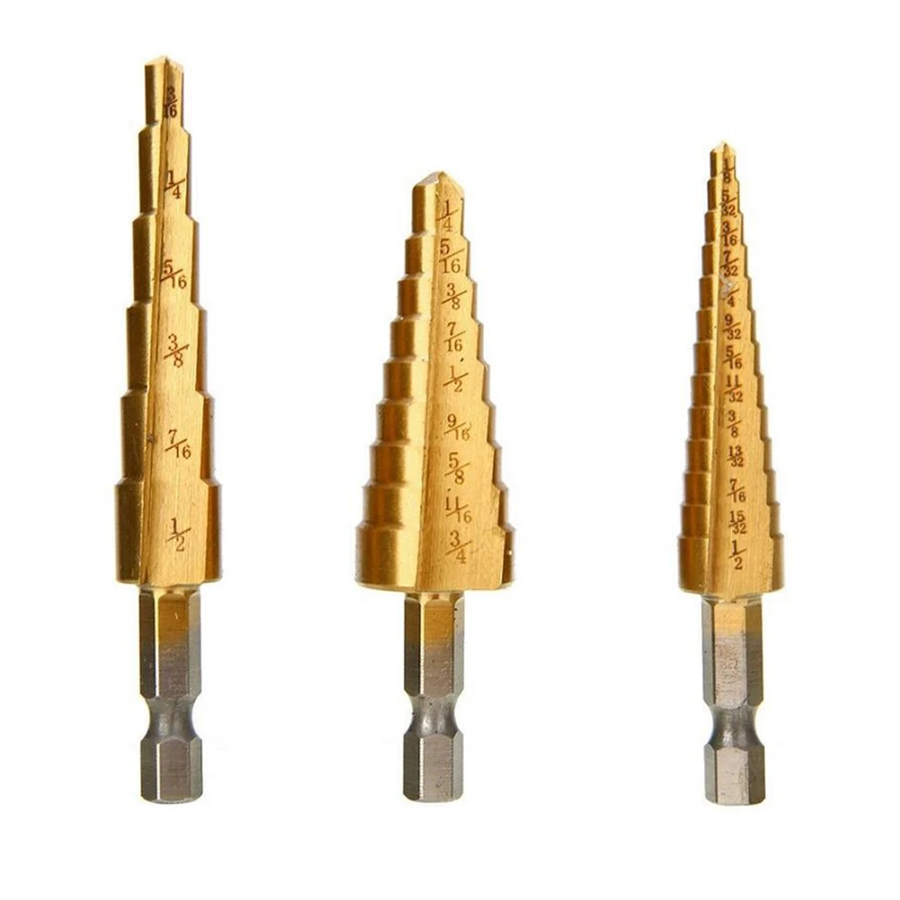 3pcs Titanium Coated Step Drill Bit Set High Speed Steel Metal Drilling Hole Opener Drill Bits For Stainless Steel Tools 1/8-3/4
3pcs Titanium Coated Step Drill Bit Set High Speed Steel Metal Drilling Hole Opener Drill Bits For Stainless Steel Tools 1/8-3/4