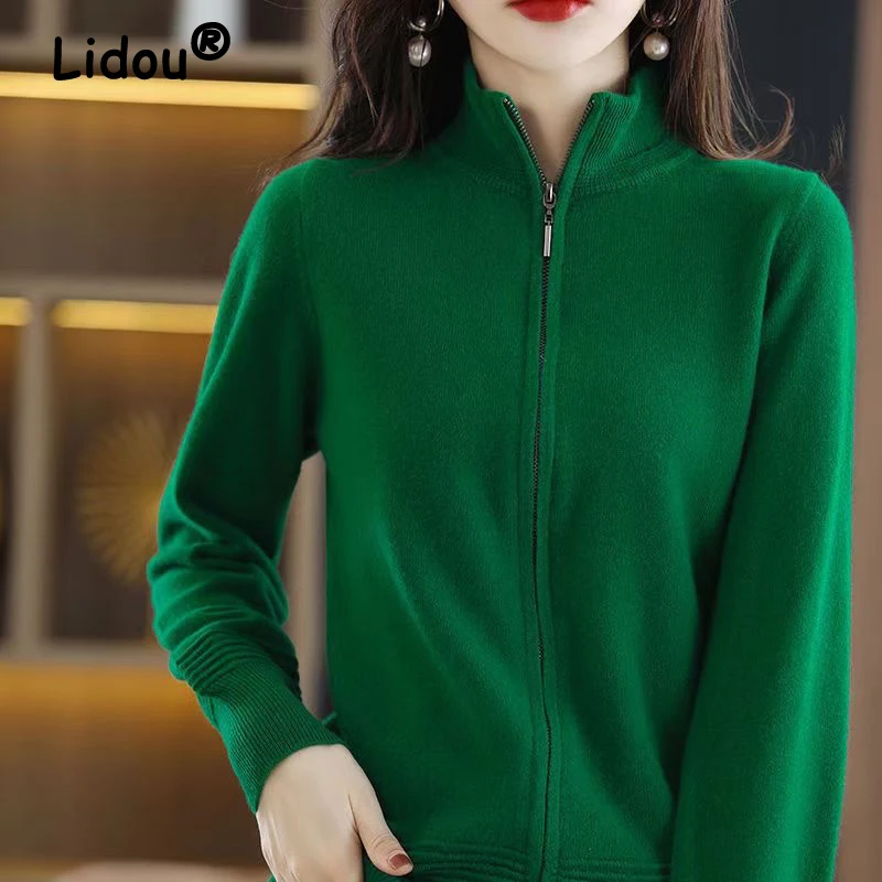 

2024 New Spring Autumn Women Korean Fashion Simple Soft Cashmere Knitted Jacket Casual Solid Long Sleeve Zipper Sweater Cardigan