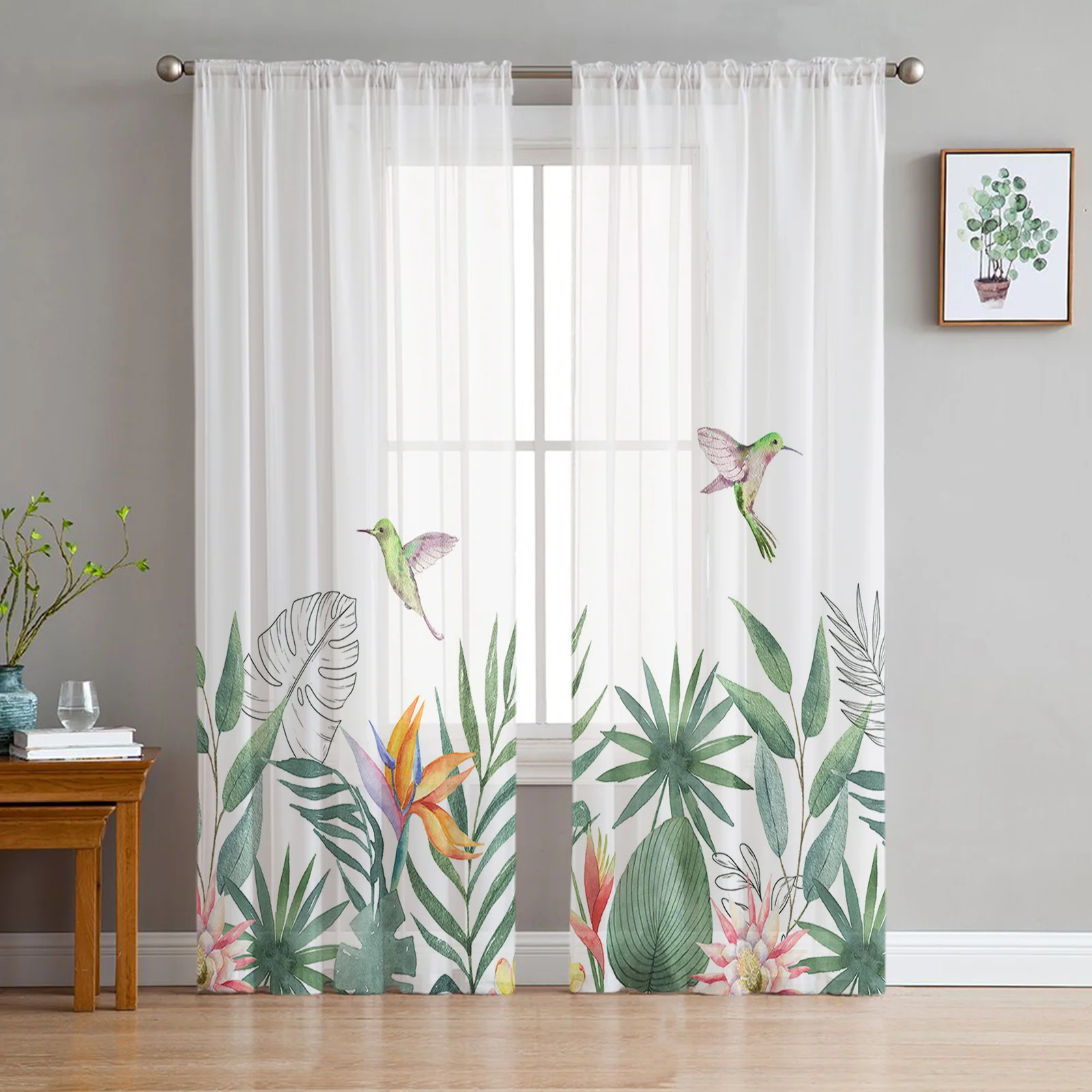 

Idyllic Tropical Plant Leaf Hummingbird Tulle Curtains Living Room Kitchen Window Decoration Chiffon Voile Sheer Curtain