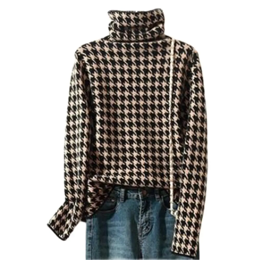 

2024 Fall Winter New Style Korean Retro Casual Warm Knitted Bottoming Shirt Jumpers Houndstooth Thicken Turtleneck Sweater Women