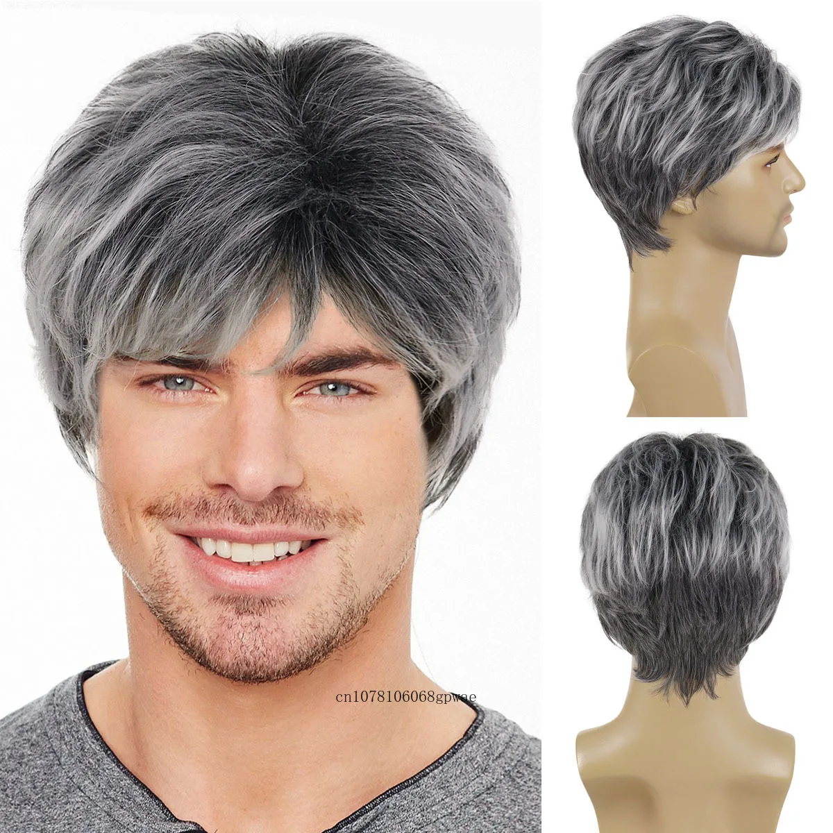 

Short Grey Wig Ombre Synthetic Wigs for Men Natural Layered Haircut Wig with Bangs Daily Cosplay Costume Older Man Wig Male