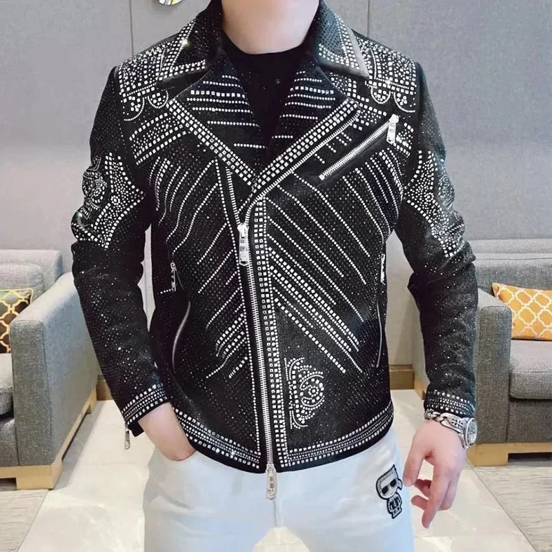 

High Quality Luxury Hot Drill Jacket Men Jaqueta Bomber Diamond Men Jacket Coat Fashion Rhinestones Punk Club Outfit Slim Jacket