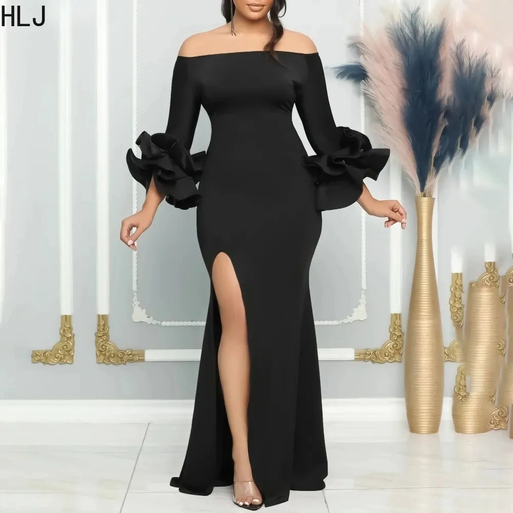 

HLJ Elegant Lady Off Shoulder Ruffle Slit Evening Party Floor Dresses Women Long Sleeve Bodycon Vestidos Fashion Slim Clothing