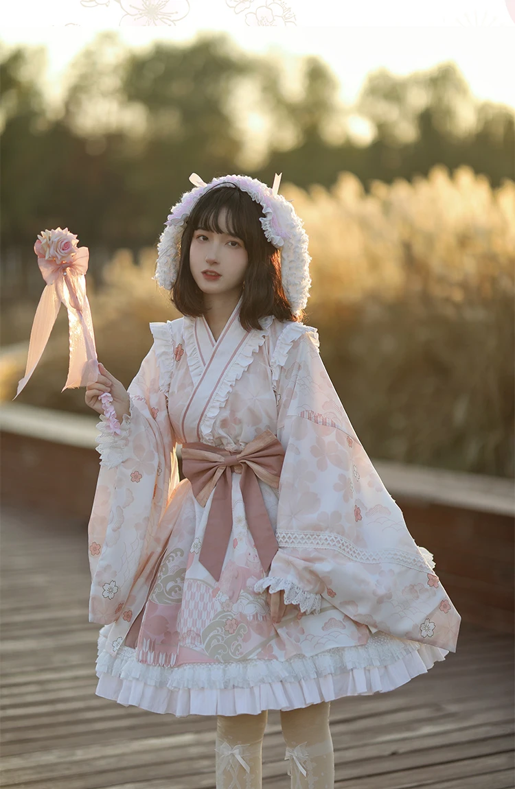 

Haruhi Op Design Pink Lolita Dress Loose Lace Bow Maid Cherry Blossom Print Large Sleeves Japanese Kimono Autumn