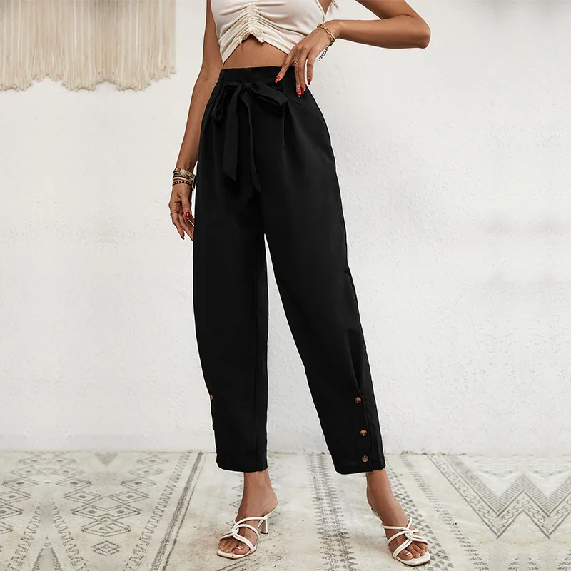2023 Women's Pants New Fashion European and American Black Lace Up Commuter High Waist Casual Elegant Button Nine Point Pants
2023 Women's Pants New Fashion European and American Black Lace Up Commuter High Waist Casual Elegant Button Nine Point Pants