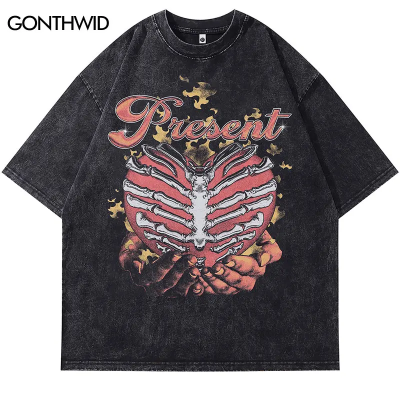 

Men Black T-Shirt Vintage Flame Skull Heart Graphic Print Washed Streetwear Tshirt 2024 Hip Hop Harajuku Punk Gothic Cotton Tops