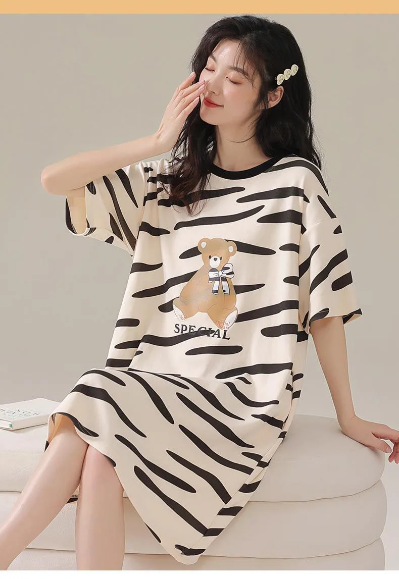 Large Size Women Nightgown Cute Casual Cartoon Bear Mid-Length School Pyjamas Easy to Wash Girl Striped Homewear One-Piece-Dress Large Size Women Nightgown Cute Casual Cartoon Bear Mid-Length School Pyjamas Easy to Wash Girl Striped Homewear One-Piece-Dress